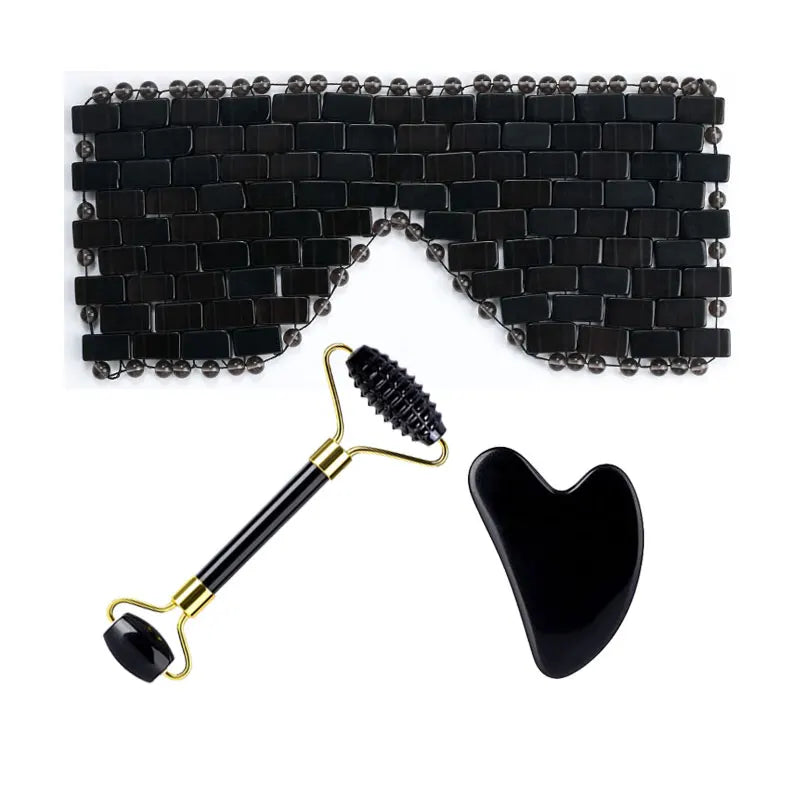 Obsidian Jade Facial Mask Gouache scraper Roller Massager Set Natural Stone Guasha Cold Therapy Anti Aging Jade Mask Beauty Tool