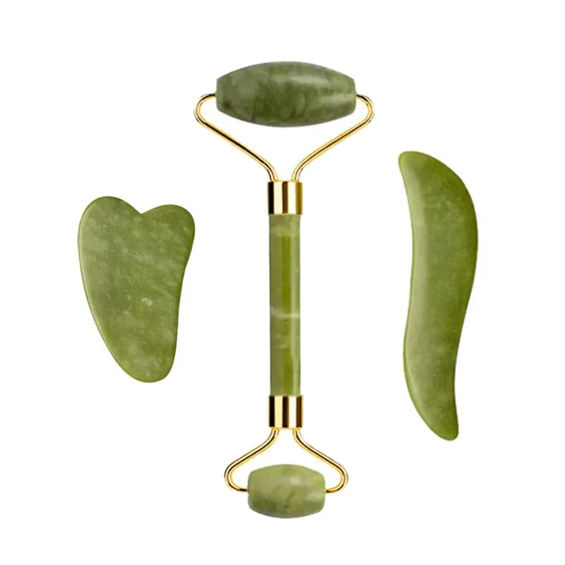 3pcs Natural Stone Gua Sha Face Roller Set Gouache Scraper Back Neck Scratcher Massager For Face Massage Tools Jade Roller