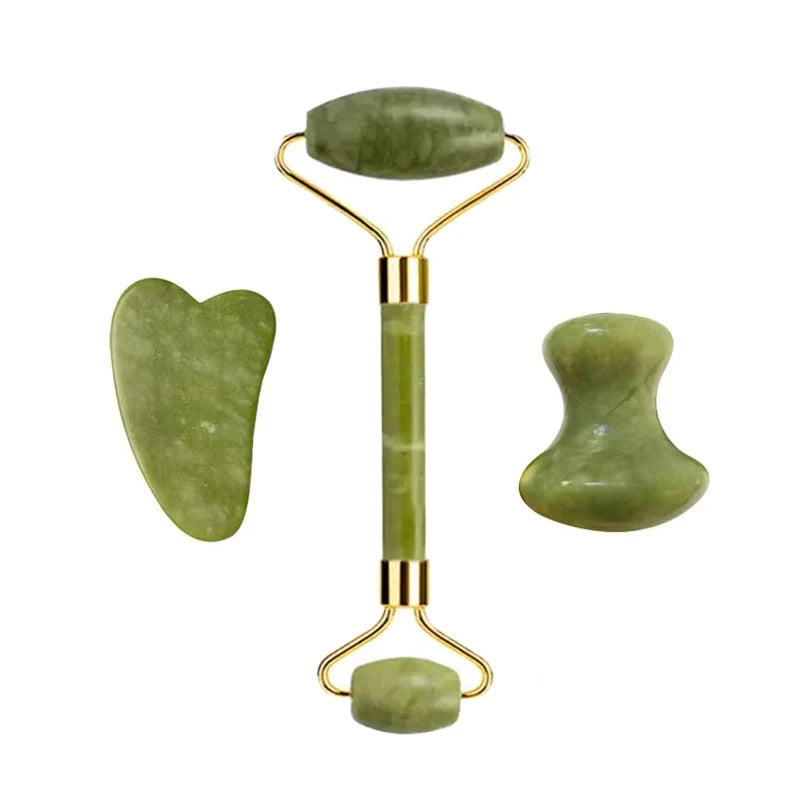 3pcs Natural Stone Gua Sha Face Roller Set Gouache Scraper Back Neck Scratcher Massager For Face Massage Tools Jade Roller