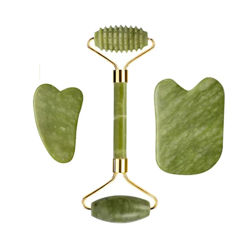 3pcs Natural Stone Gua Sha Face Roller Set Gouache Scraper Back Neck Scratcher Massager For Face Massage Tools Jade Roller