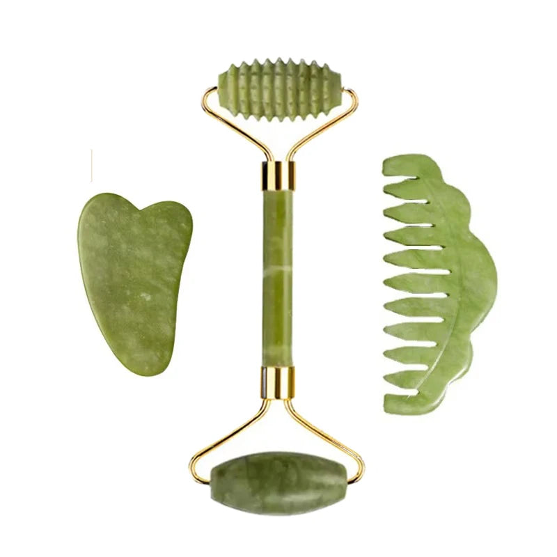 3pcs Natural Stone Gua Sha Face Roller Set Gouache Scraper Back Neck Scratcher Massager For Face Massage Tools Jade Roller