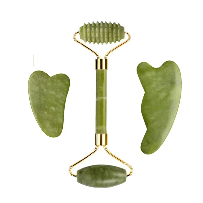 3pcs Natural Stone Gua Sha Face Roller Set Gouache Scraper Back Neck Scratcher Massager For Face Massage Tools Jade Roller