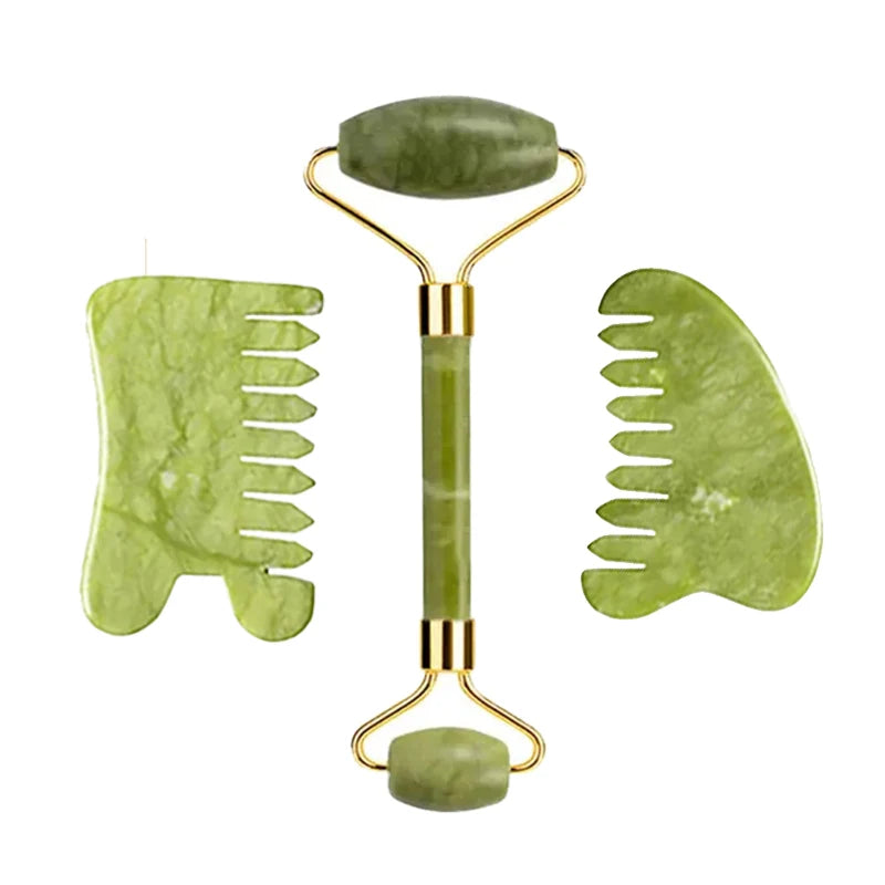 3pcs Natural Stone Gua Sha Face Roller Set Gouache Scraper Back Neck Scratcher Massager For Face Massage Tools Jade Roller