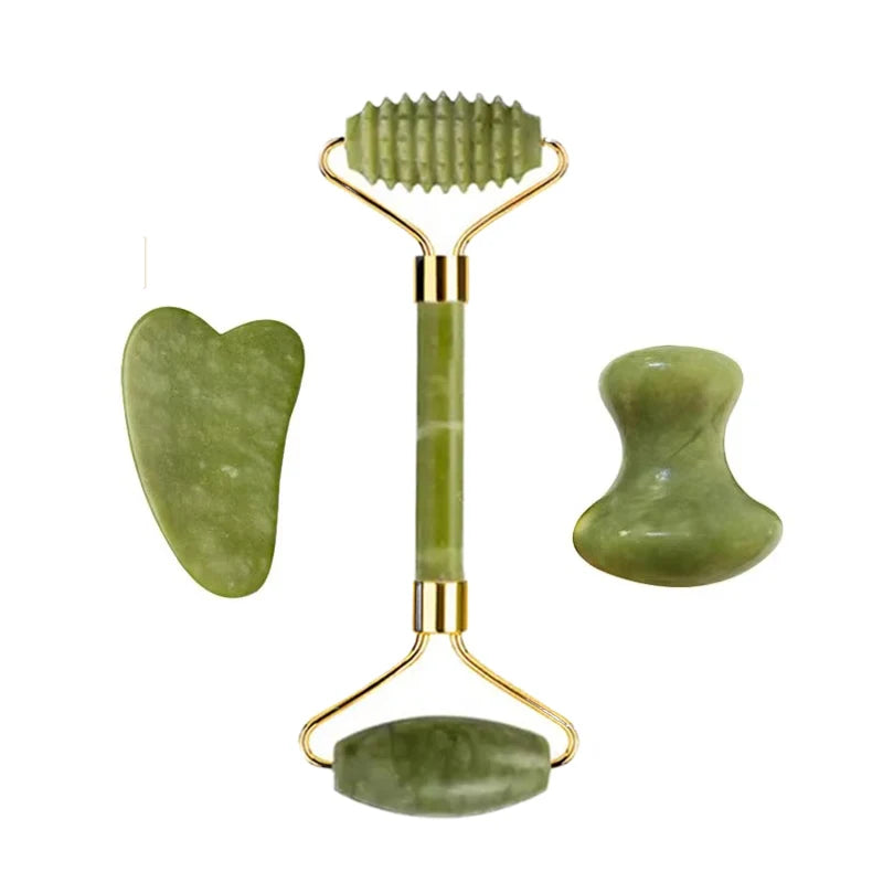 3pcs Natural Stone Gua Sha Face Roller Set Gouache Scraper Back Neck Scratcher Massager For Face Massage Tools Jade Roller
