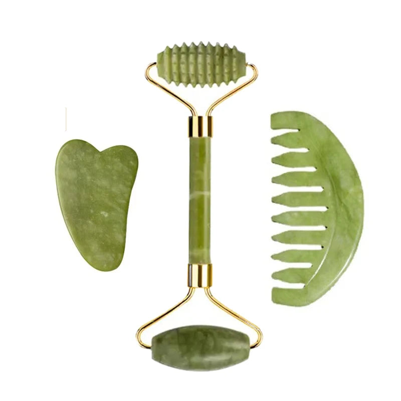 3pcs Natural Stone Gua Sha Face Roller Set Gouache Scraper Back Neck Scratcher Massager For Face Massage Tools Jade Roller