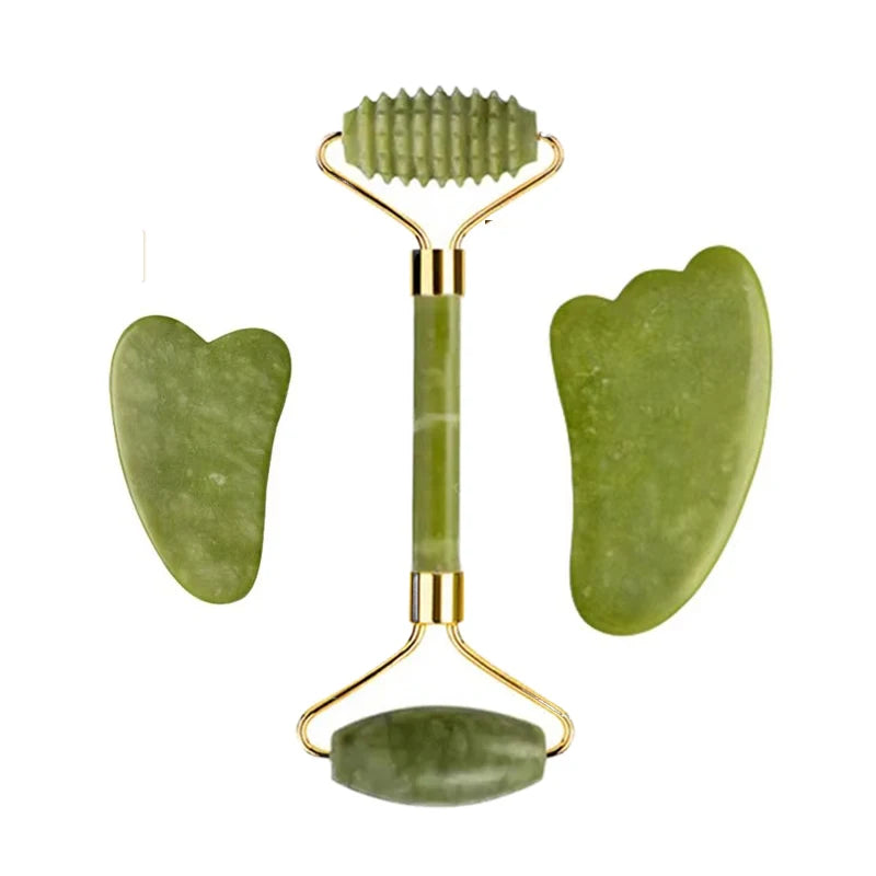3pcs Natural Stone Gua Sha Face Roller Set Gouache Scraper Back Neck Scratcher Massager For Face Massage Tools Jade Roller