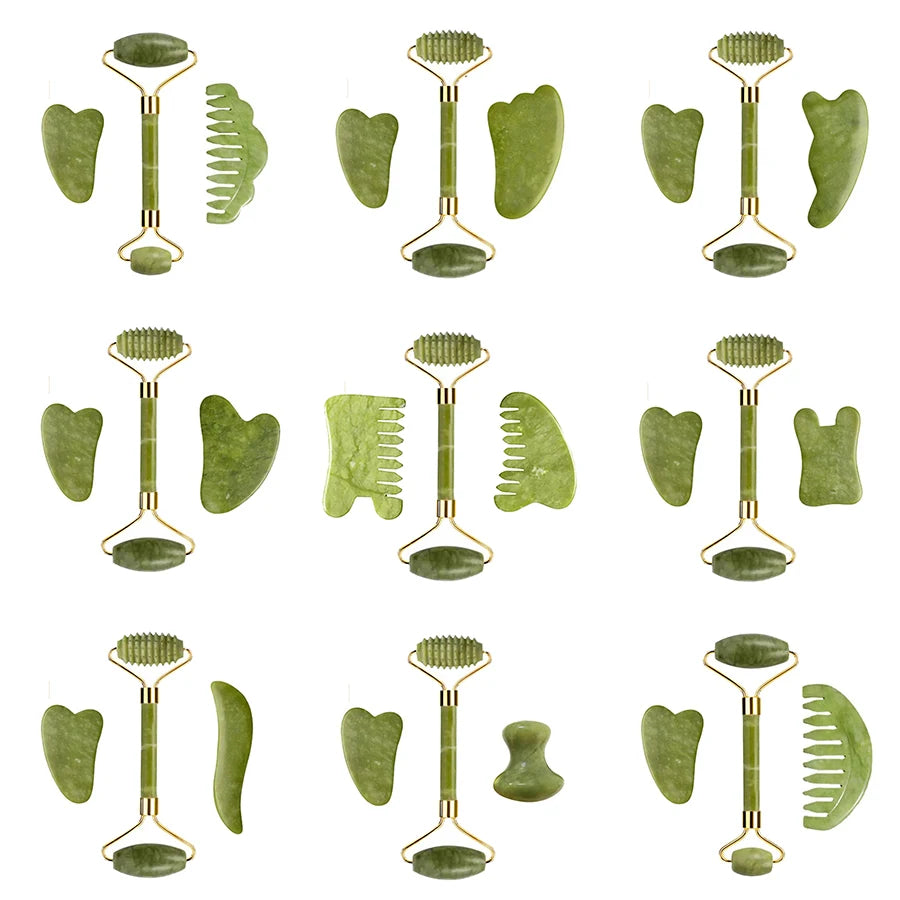 3pcs Natural Stone Gua Sha Face Roller Set Gouache Scraper Back Neck Scratcher Massager For Face Massage Tools Jade Roller