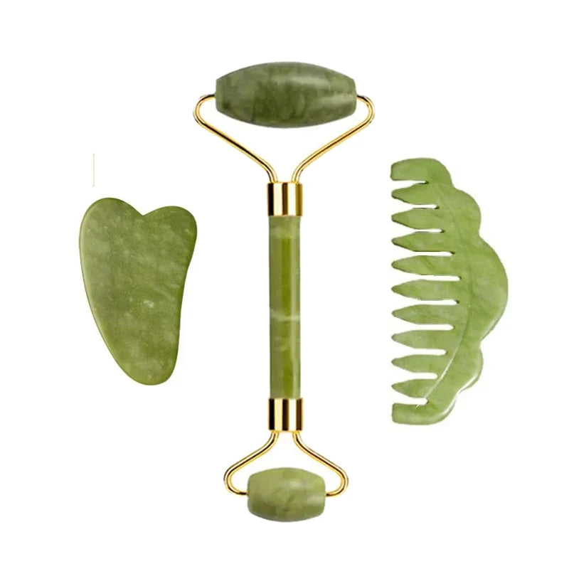 3pcs Natural Stone Gua Sha Face Roller Set Gouache Scraper Back Neck Scratcher Massager For Face Massage Tools Jade Roller