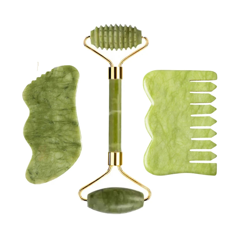 3pcs Natural Stone Gua Sha Face Roller Set Gouache Scraper Back Neck Scratcher Massager For Face Massage Tools Jade Roller