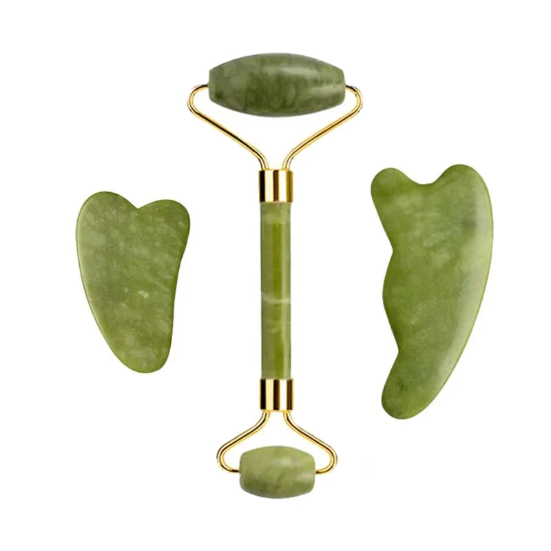 3pcs Natural Stone Gua Sha Face Roller Set Gouache Scraper Back Neck Scratcher Massager For Face Massage Tools Jade Roller
