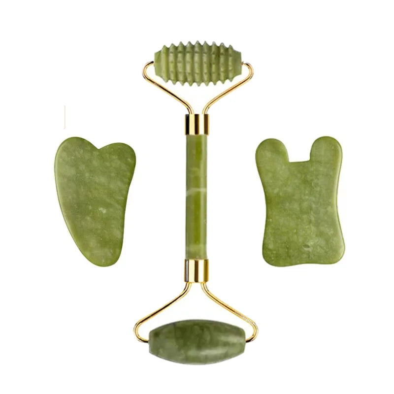 3pcs Natural Stone Gua Sha Face Roller Set Gouache Scraper Back Neck Scratcher Massager For Face Massage Tools Jade Roller