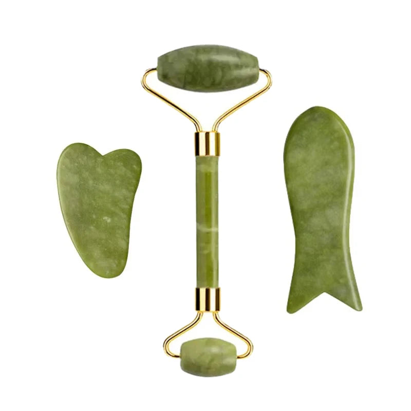 3pcs Natural Stone Gua Sha Face Roller Set Gouache Scraper Back Neck Scratcher Massager For Face Massage Tools Jade Roller