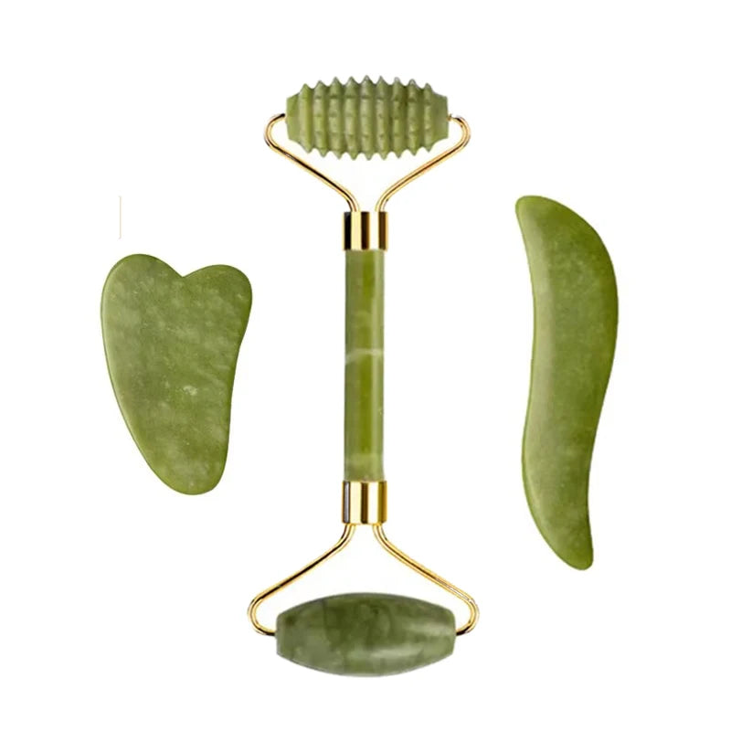 3pcs Natural Stone Gua Sha Face Roller Set Gouache Scraper Back Neck Scratcher Massager For Face Massage Tools Jade Roller