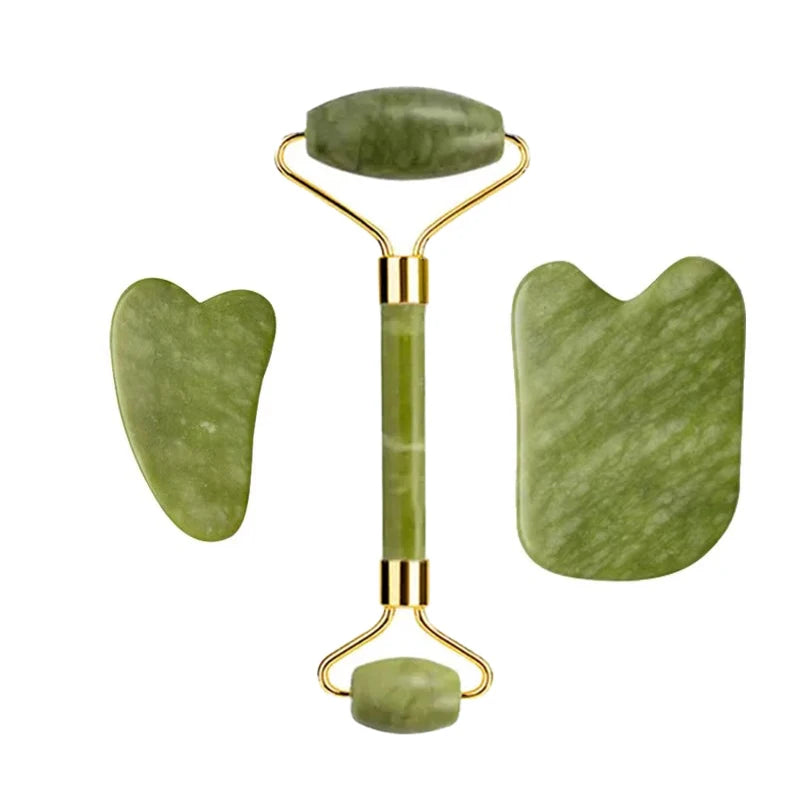 3pcs Natural Stone Gua Sha Face Roller Set Gouache Scraper Back Neck Scratcher Massager For Face Massage Tools Jade Roller