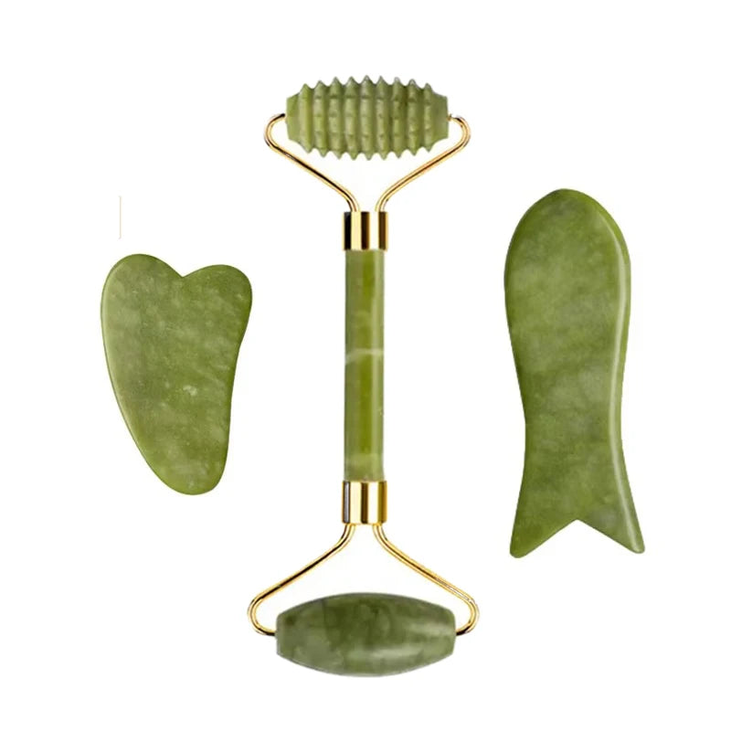 3pcs Natural Stone Gua Sha Face Roller Set Gouache Scraper Back Neck Scratcher Massager For Face Massage Tools Jade Roller