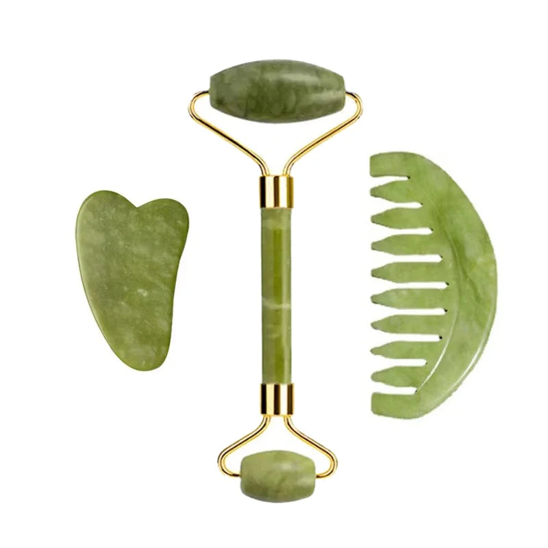 3pcs Natural Stone Gua Sha Face Roller Set Gouache Scraper Back Neck Scratcher Massager For Face Massage Tools Jade Roller