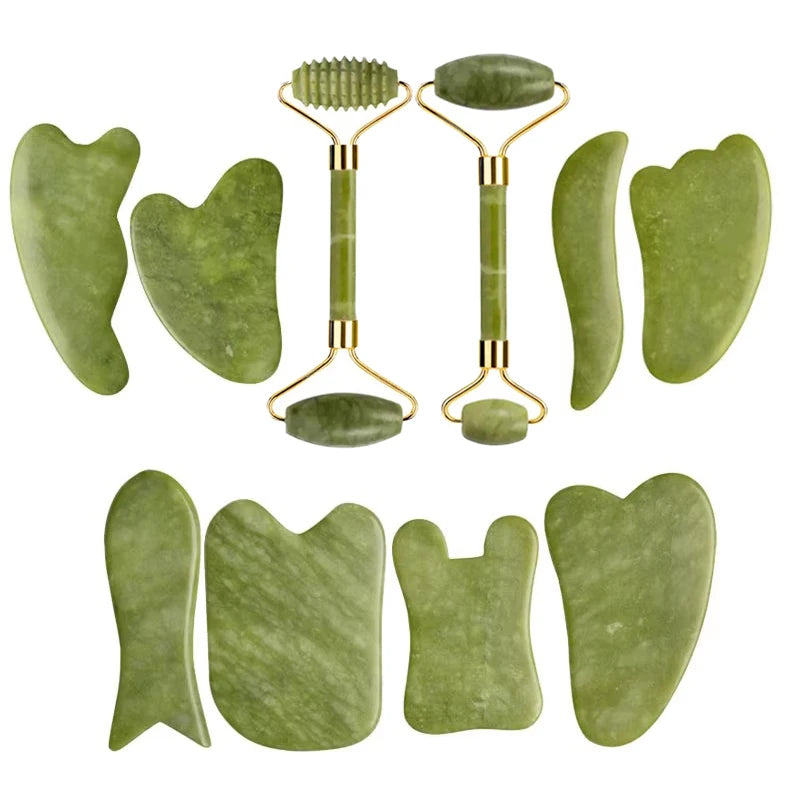 3pcs Natural Stone Gua Sha Face Roller Set Gouache Scraper Back Neck Scratcher Massager For Face Massage Tools Jade Roller