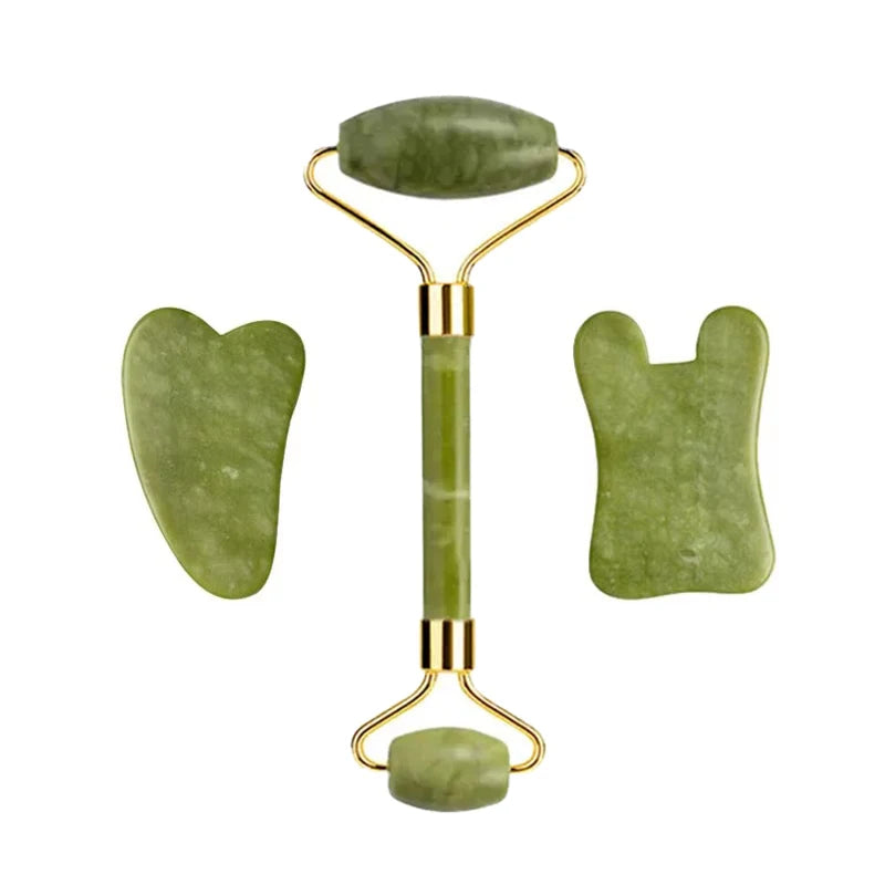 3pcs Natural Stone Gua Sha Face Roller Set Gouache Scraper Back Neck Scratcher Massager For Face Massage Tools Jade Roller