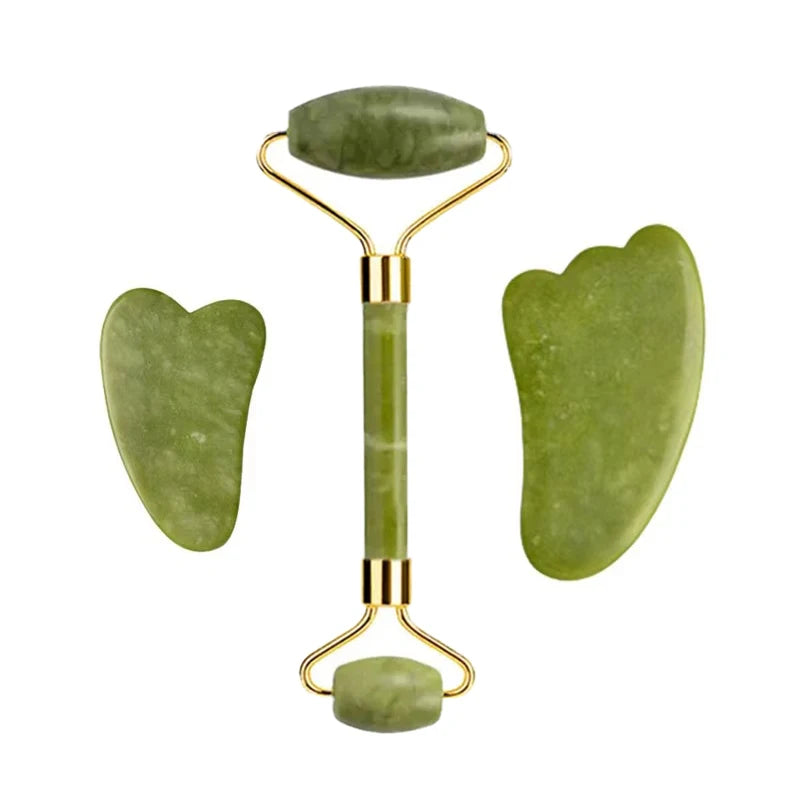 3pcs Natural Stone Gua Sha Face Roller Set Gouache Scraper Back Neck Scratcher Massager For Face Massage Tools Jade Roller