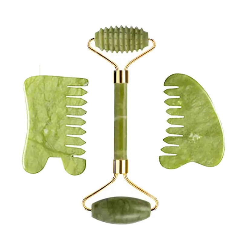 3pcs Natural Stone Gua Sha Face Roller Set Gouache Scraper Back Neck Scratcher Massager For Face Massage Tools Jade Roller