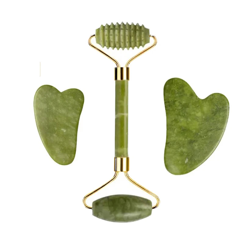 3pcs Natural Stone Gua Sha Face Roller Set Gouache Scraper Back Neck Scratcher Massager For Face Massage Tools Jade Roller