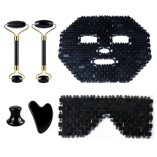 Obsidian Jade Facial Mask Gouache scraper Roller Massager Set Natural Stone Guasha Cold Therapy Anti Aging Jade Mask Beauty Tool