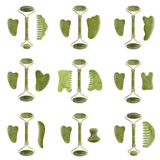 3pcs Natural Stone Gua Sha Face Roller Set Gouache Scraper Back Neck Scratcher Massager For Face Massage Tools Jade Roller